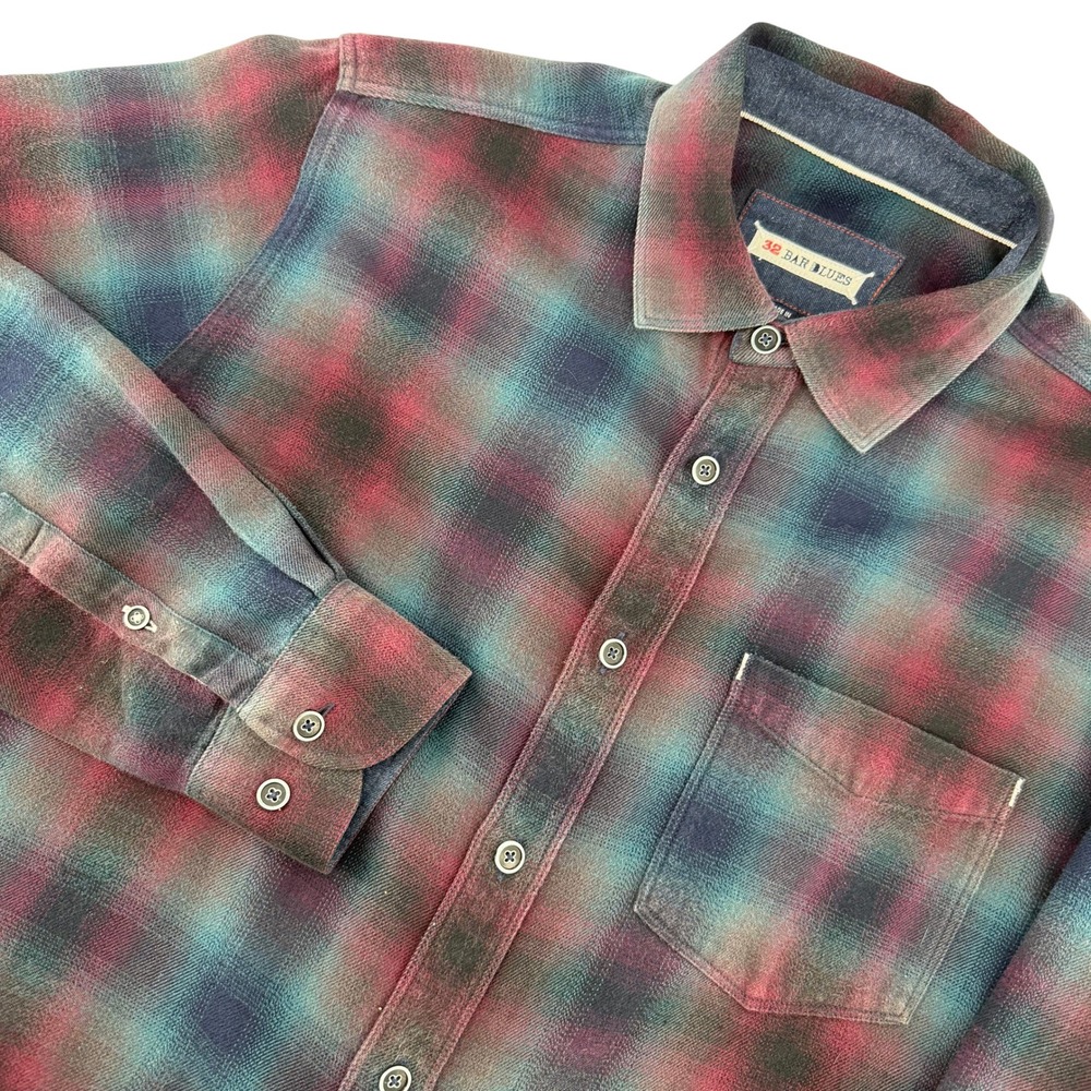 32 Bar Blues Flannel Shirt Mens Medium Multicolor Ombre Plaid Cotton Button Down